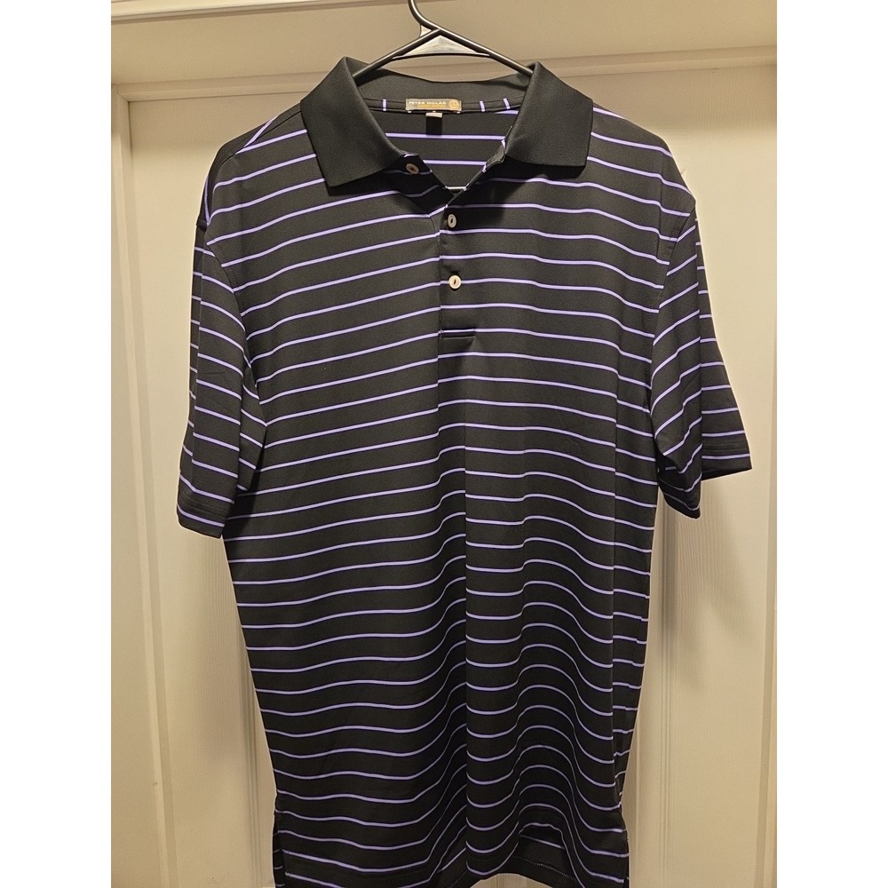 Peter Millar‎ Black Polo With Purple Stripes Size Medium Men's Great Condition